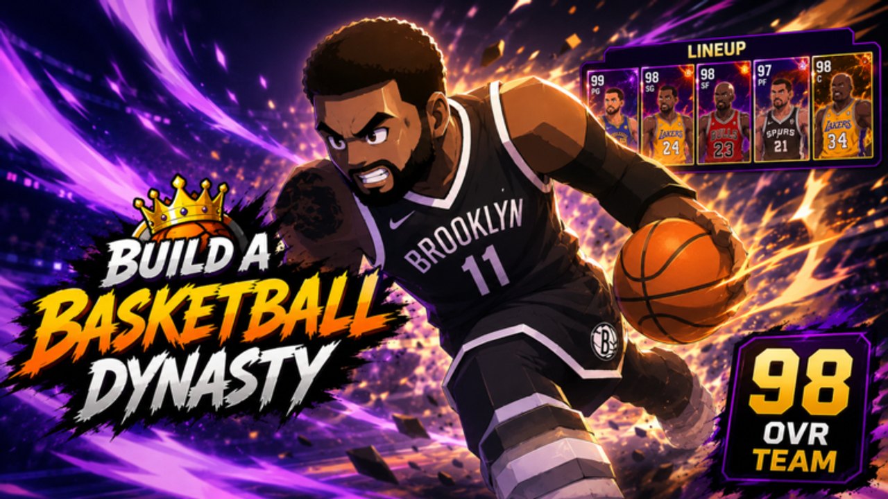 Build A Basketball Dynasty lobby and roster screenshot showing pack opening and Starting 5 cards